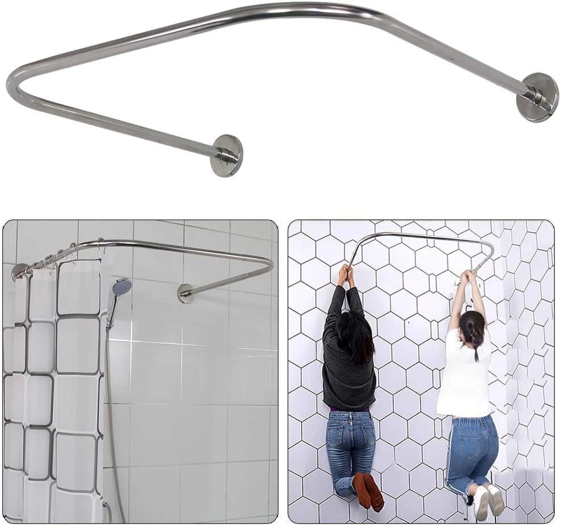 Gleam Adorn Diamond Shaped Shower Curtain Rod (Both Sides: 17"-25.6",Middle:20"-26) Stretchable True 304 Stainless Bathroom Bathtub Corner Rack White