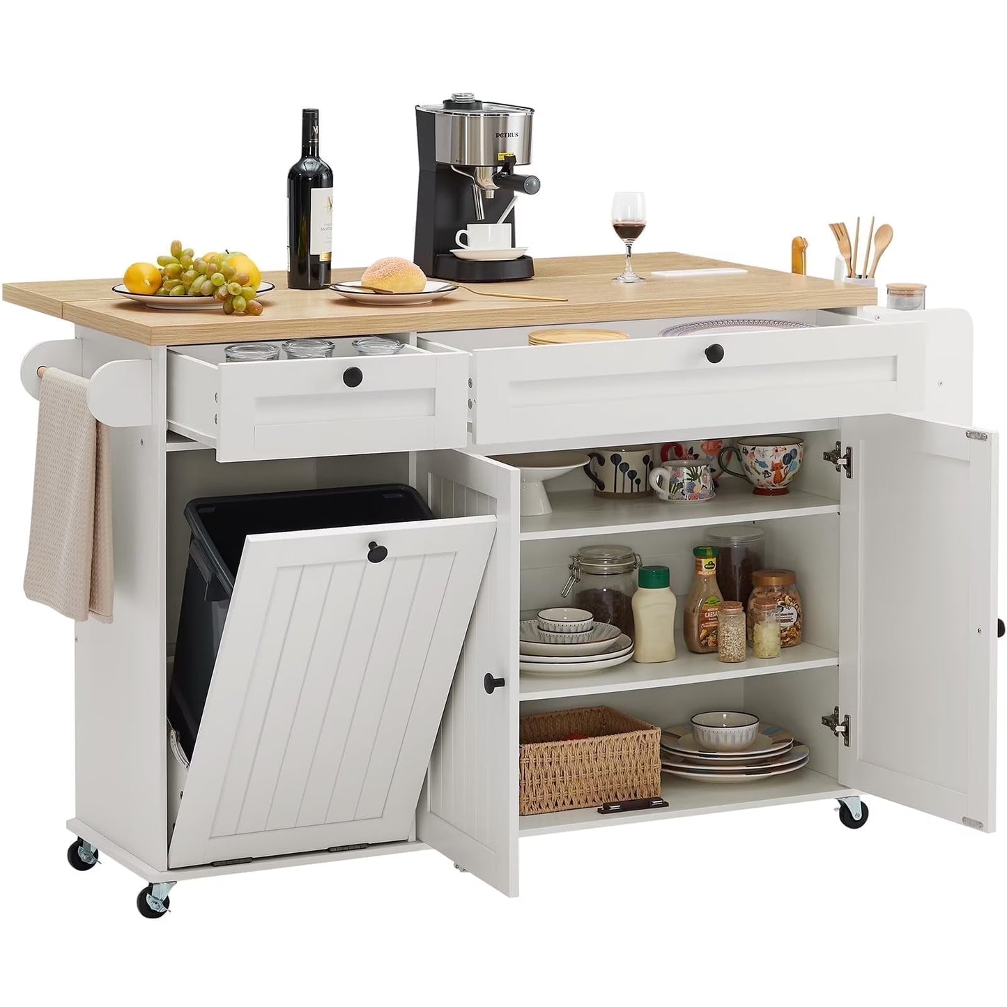 Onbrill Kitchen Island w/Outlet& Towel Rack, 60" Kitchen Storage Cart w/Foldable Countertop, Black