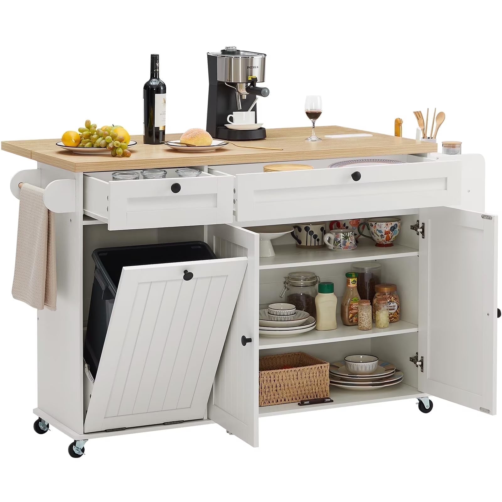 Onbrill Kitchen Island w/Outlet& Towel Rack, 60" Kitchen Storage Cart w/Foldable Countertop, Black