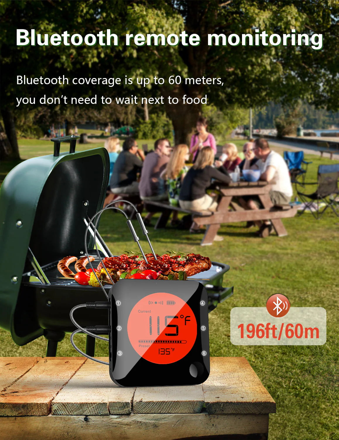 BFOUR Wireless Meat Thermometer, Bluetooth Meat Thermometer with 3 Probes, LCD Thermometer for Grilling Smoker