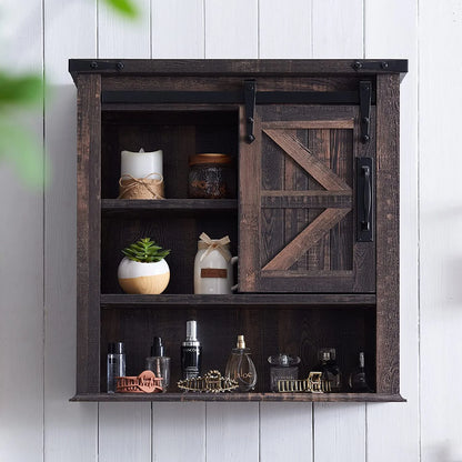OKD Wall Storage Cabinet with Barn Door & 3 Shelves Farmhouse Wooden Bathroom Wall Mounted Medicine Cabinet Organizer Spacesaver for Kitchen Laundry Room Hotels Home, Light Rustic Oak