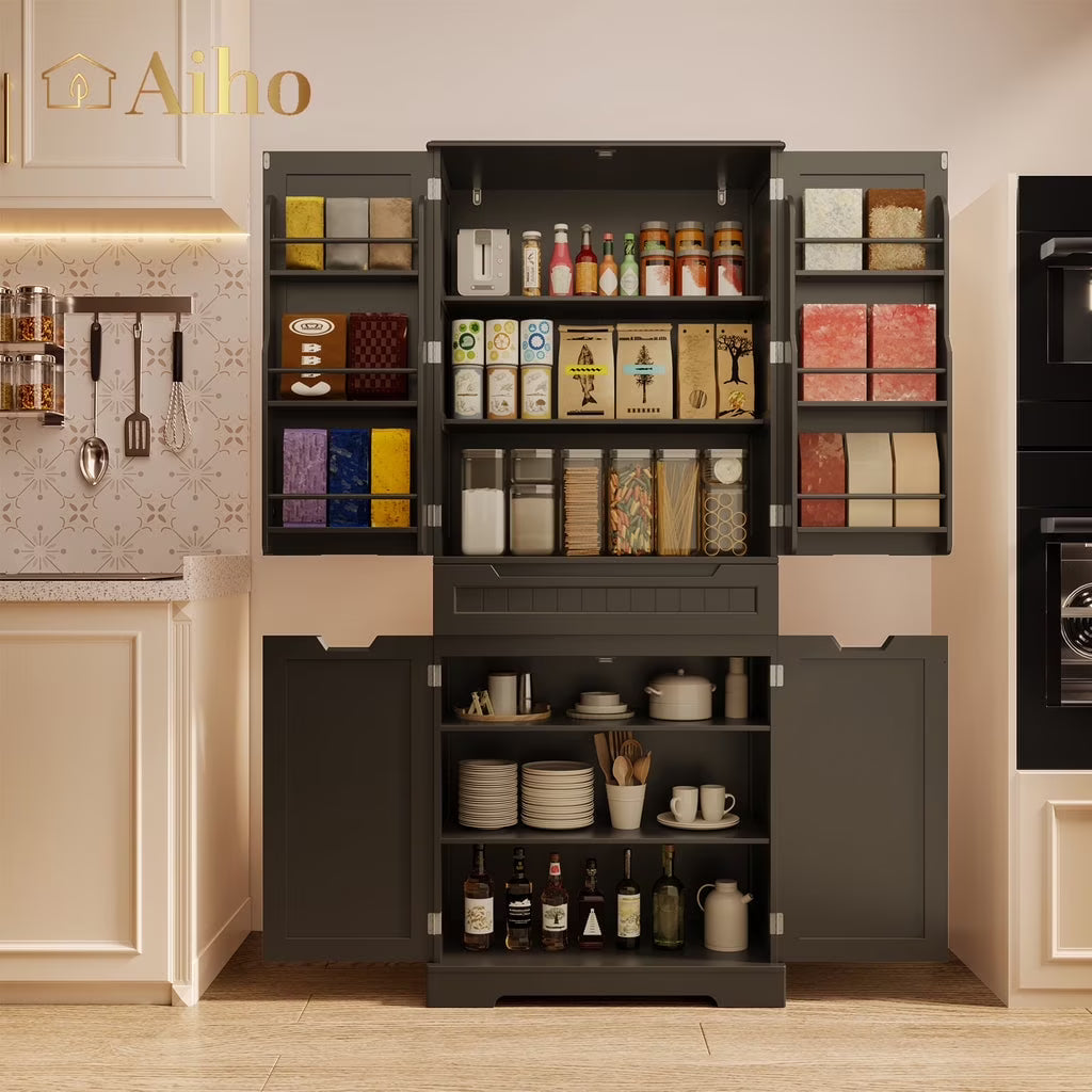 Aiho 64" Tall Kitchen Pantry, Farmhouse Storage Cabinet, Organizer, Drawer and Adjustable Shelves for Kitchen, Dining Room, Bathroom - White