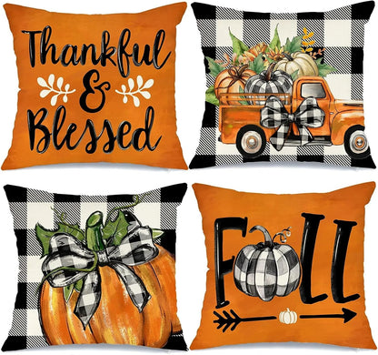 LONGRV Fall Decorative Throw Pillow Covers 18 x 18 Inch Set of 4, Pumpkins Thankful Blessed Buffalo Plaid Fall Decor Outdoor Farmhouse Pillow Cases for Home Couch (Orange Color)