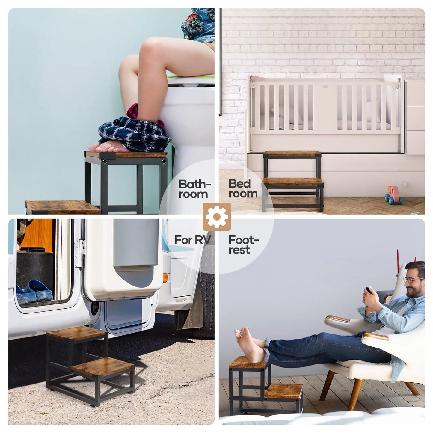 Wooden Step Stools for Adults Kids, Kitchen Step Stools, Heavy Duty 2 Step Stool for Adults, Foot Stool, Bathroom Stools