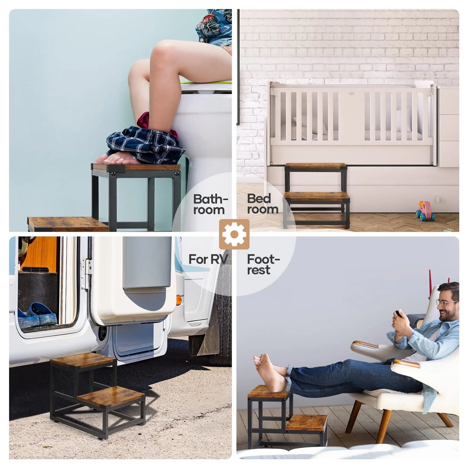 Wooden Step Stools for Adults Kids, Kitchen Step Stools, Heavy Duty 2 Step Stool for Adults, Foot Stool, Bathroom Stools