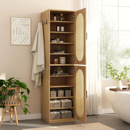 66-Inch Bathroom Storage Cabinet with Rattan Doors, Bath Room Organizer Floor Cabinets Brown