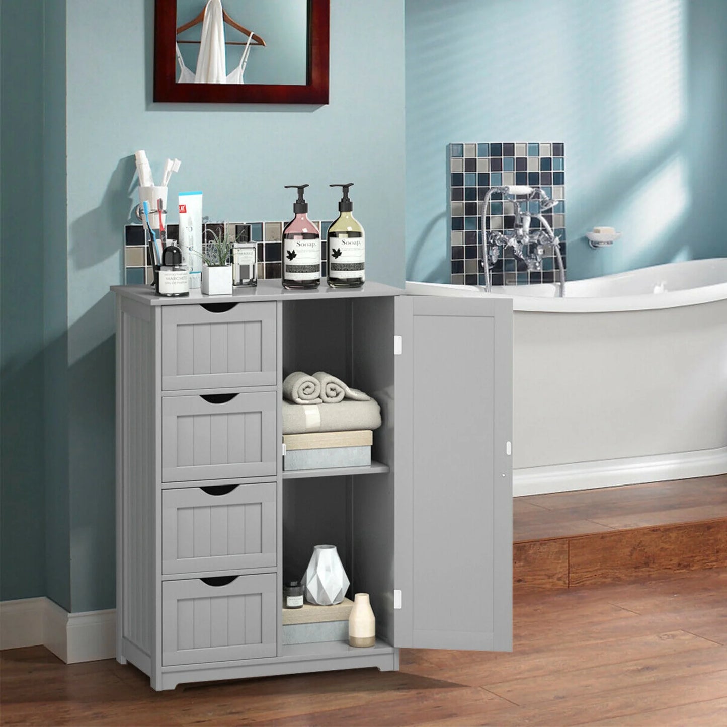 Gymax Bathroom Floor Cabinet Storage Organizer Cupboard w/4 Drawers Adjustable Shelf Grey