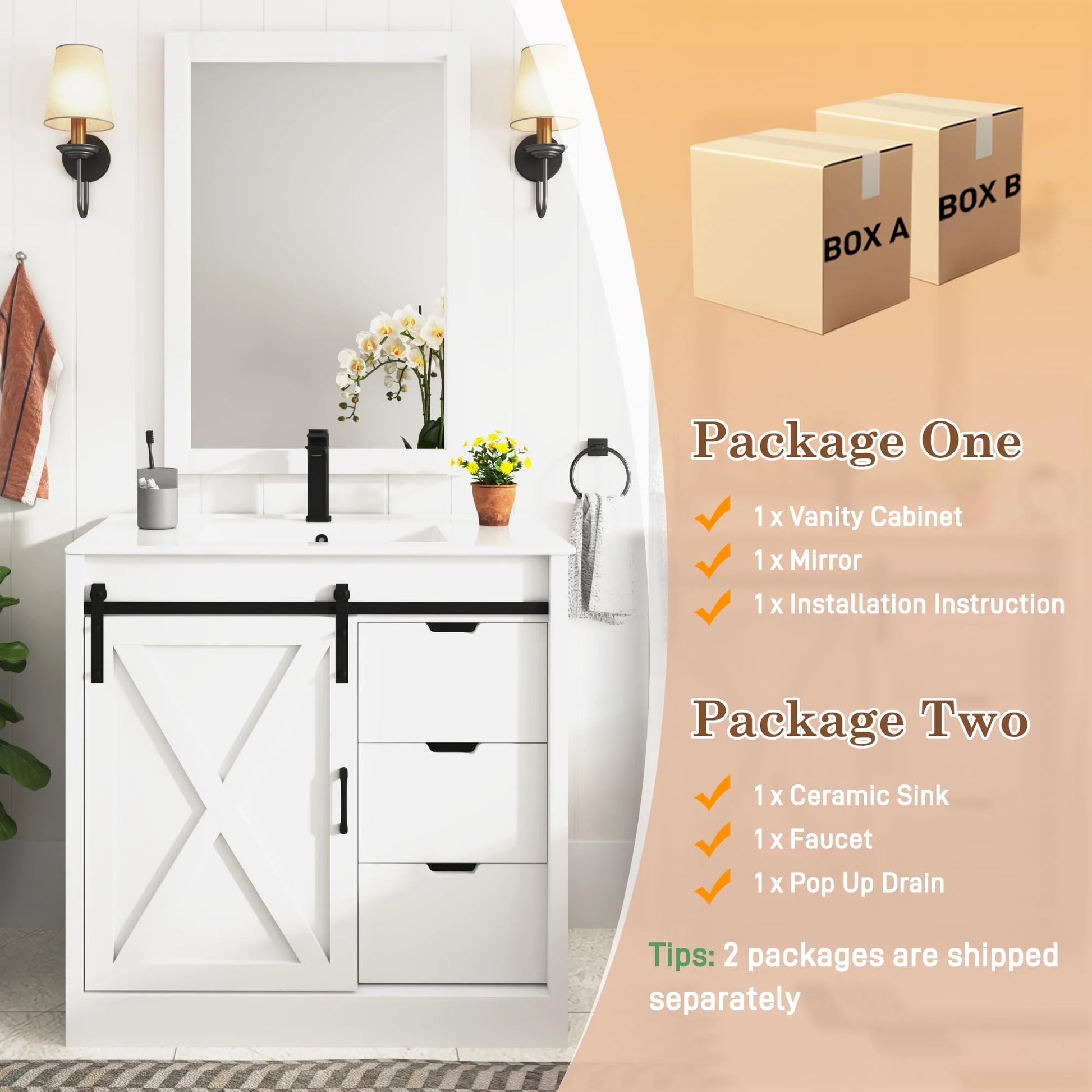 Blotout 36" Bathroom Vanity with Sink & Faucet & Mirror, Farmhouse Bathroom Vanity Cabinet Set with Sliding Barn Door & 3 Drawers, Freestanding Single Bath Storage Vanity Ceramic Sink, White