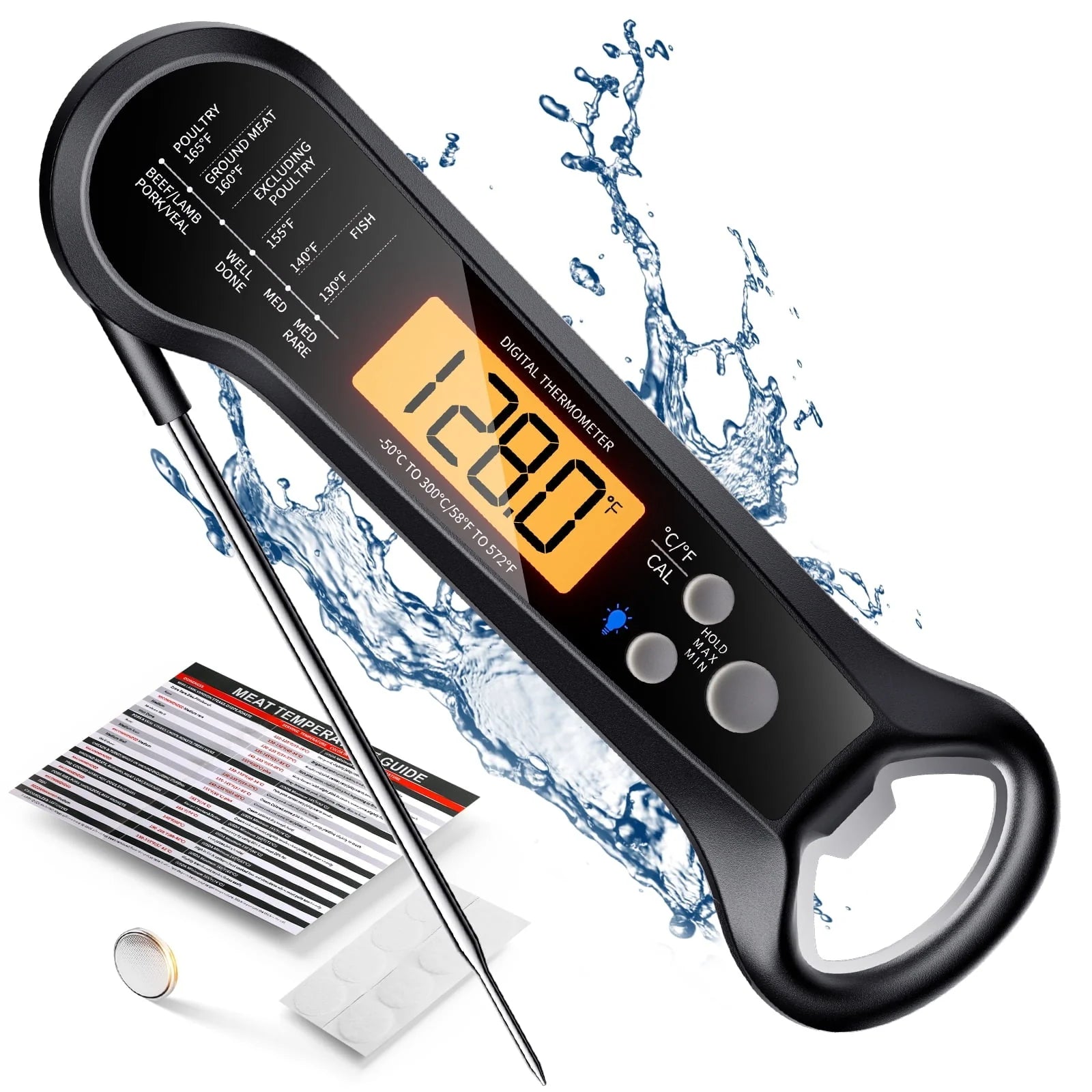 Digital Meat Thermometer with Folding Probe, IPX7 Waterproof Food Thermometer for Cooking, Instant Read Thermometer with LED Backlit Display, Bottle Cap Opener for Kitchen, BBQ, Grill