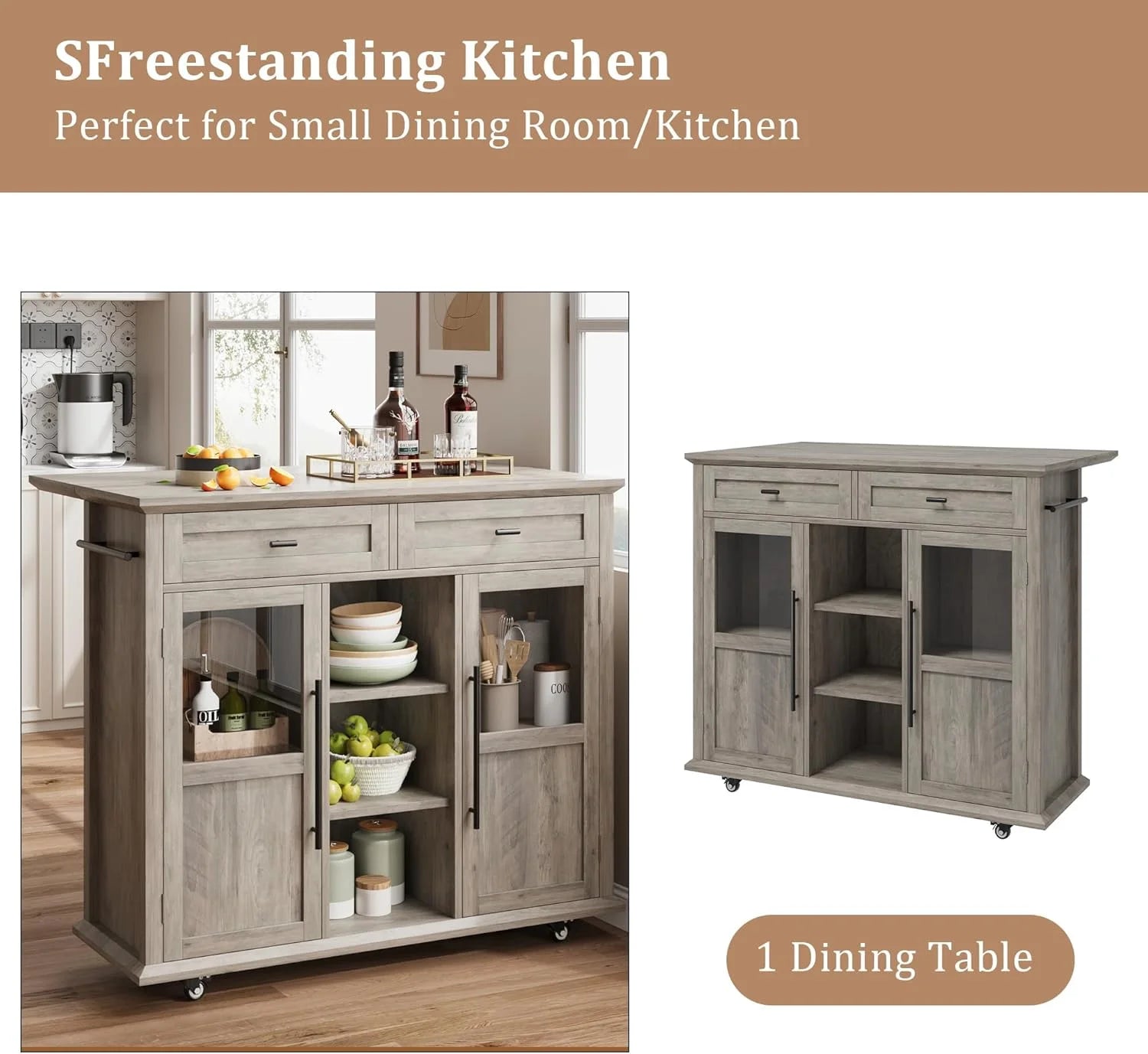 WALYWIK Foldable Kitchen Island Cart with Wheels, 2 Glass Doors, Spice Rack & Towel Holder - Compact Mobile Storage Cart for Small Kitchens, Dining Rooms, Camping & RVs - Grey