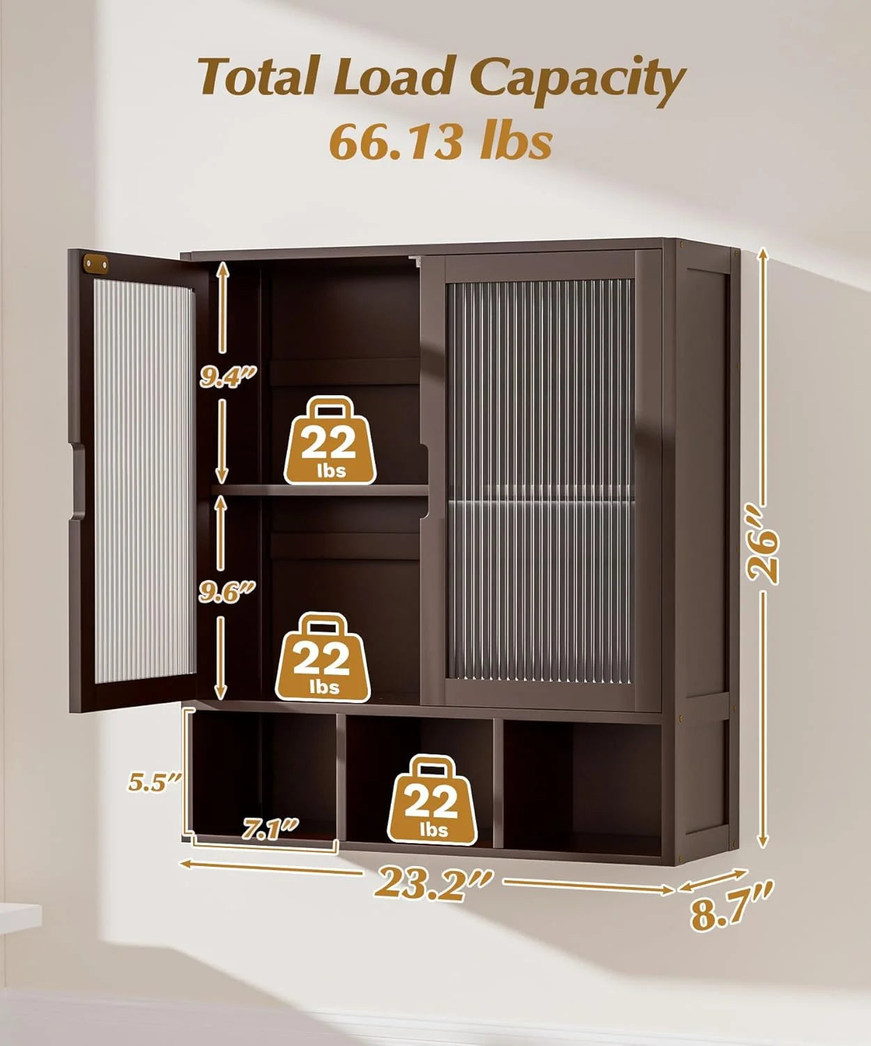 Bathroom Wall Cabinet with 2 Frosted Door,Bamboo Medicine Organizer with Open Compartment,Over The Toilet Storage Shelf Space Saver (Brown)