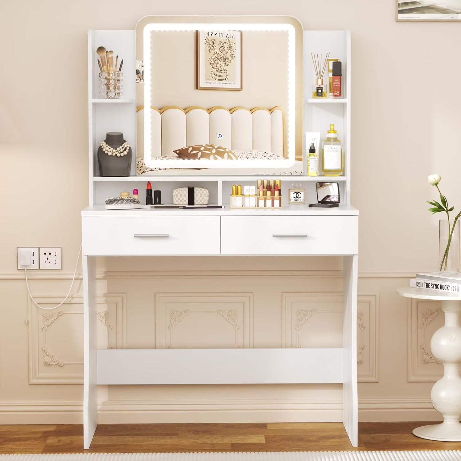 Vanity Table Set with Lighted Mirror,Makeup Dressing Table with 10 Light Bulbs and Touch Switch, 2 Large Drawers and Cushioned Stool for Women Girls Fit Bedroom, Bathroom (White)
