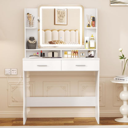 Vanity Table Set with Lighted Mirror,Makeup Dressing Table with 10 Light Bulbs and Touch Switch, 2 Large Drawers and Cushioned Stool for Women Girls Fit Bedroom, Bathroom (White)