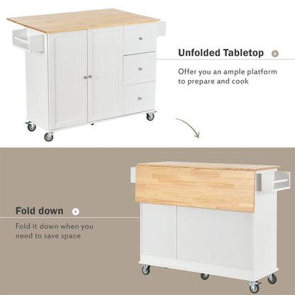 Kitchen Island Cart, Drop Leaf Kitchen Island on Wheels with Spice Rack, Towel Rack and 3 Drawers, Rolling Mobile Kitchen Island with Storage Cabinets and Solid Wood Top, White
