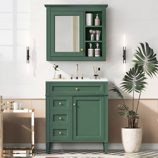 30'' Bathroom Vanity with Top Sink, Freestanding Vanity Set with Mirror Cabinet,Green