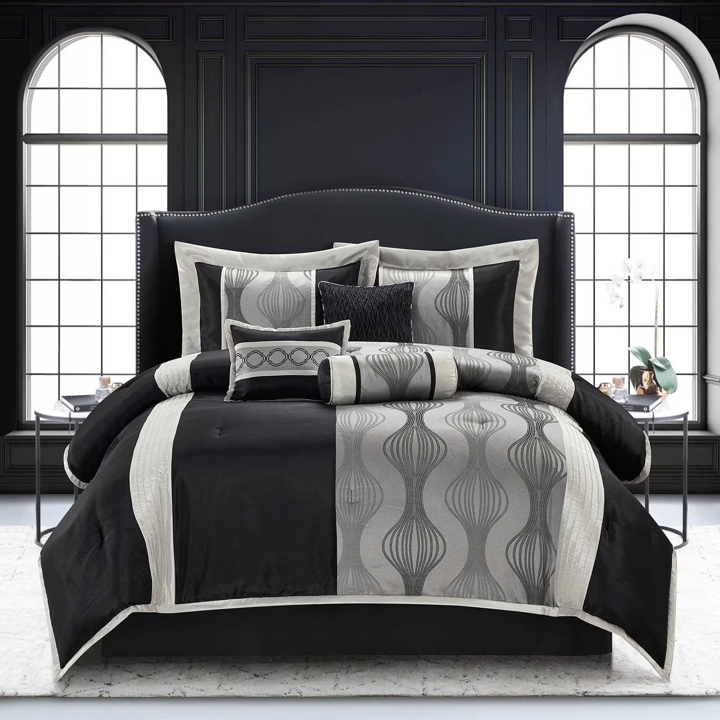 Lanco Black Silver Comforter Set , California King Size , 7 Pieces Fashion Jacquard Bedding Set