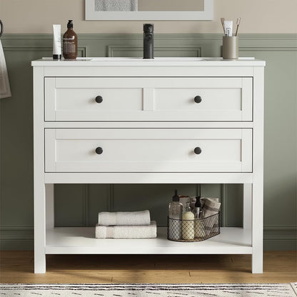 DELUXE LIVING 36 Inch Bathroom Vanity with Sink, Modern Black Bathroom Vanities with Adjustable Feets, 2 Soft-Closing Doors & 4 Drawers, Integral Sink