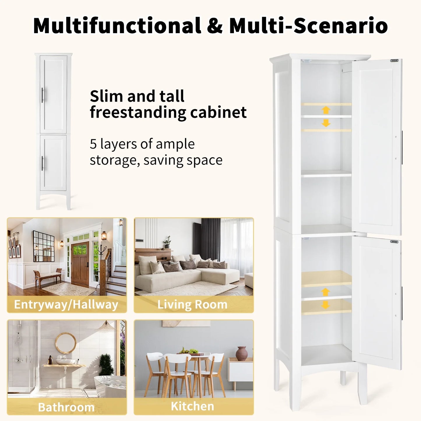 Ktaxon Bathroom Storage Cabinet Narrow Tall, Freestanding Cabinet Storage Tower with 2 Door, White