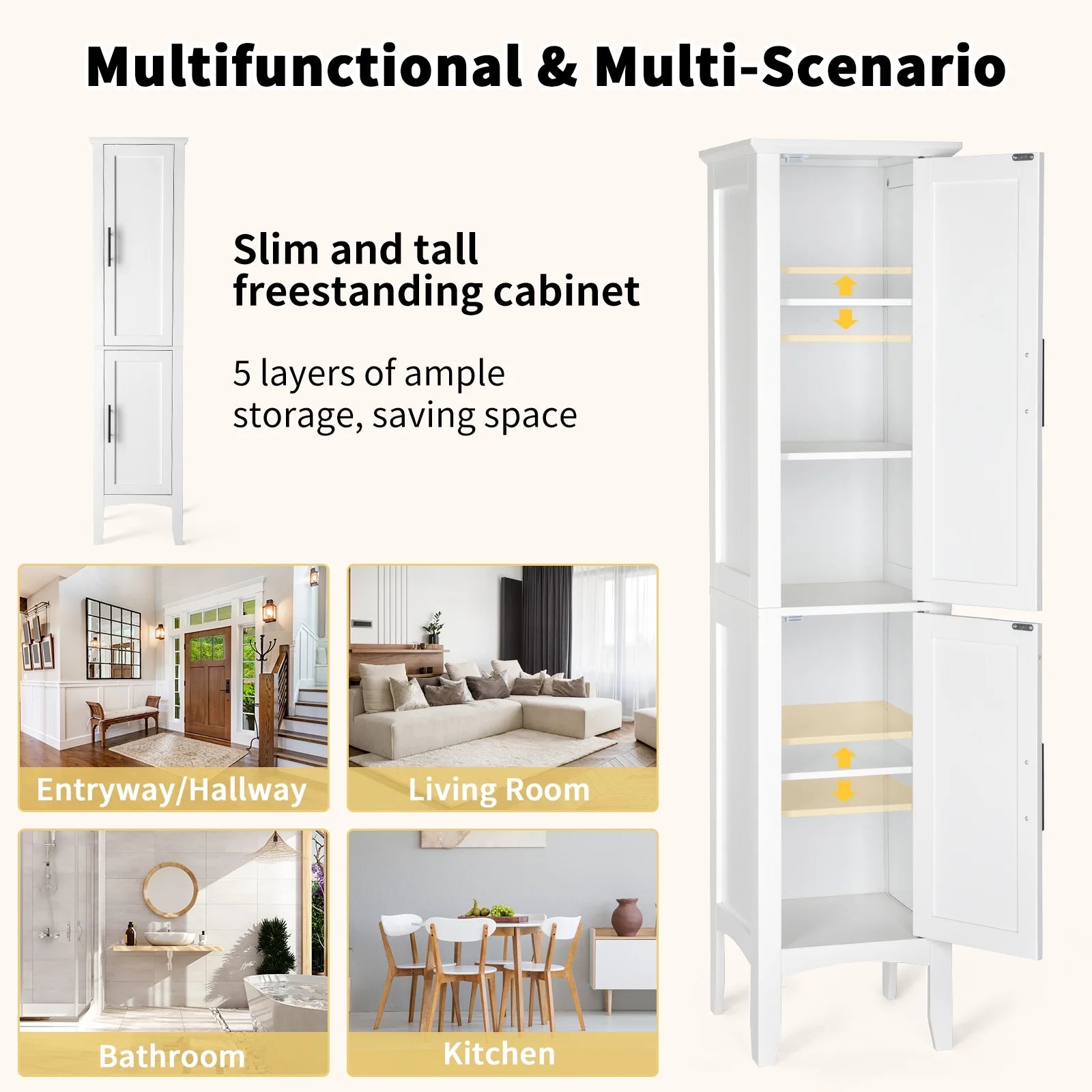 Ktaxon Bathroom Storage Cabinet Narrow Tall, Freestanding Cabinet Storage Tower with 2 Door, White
