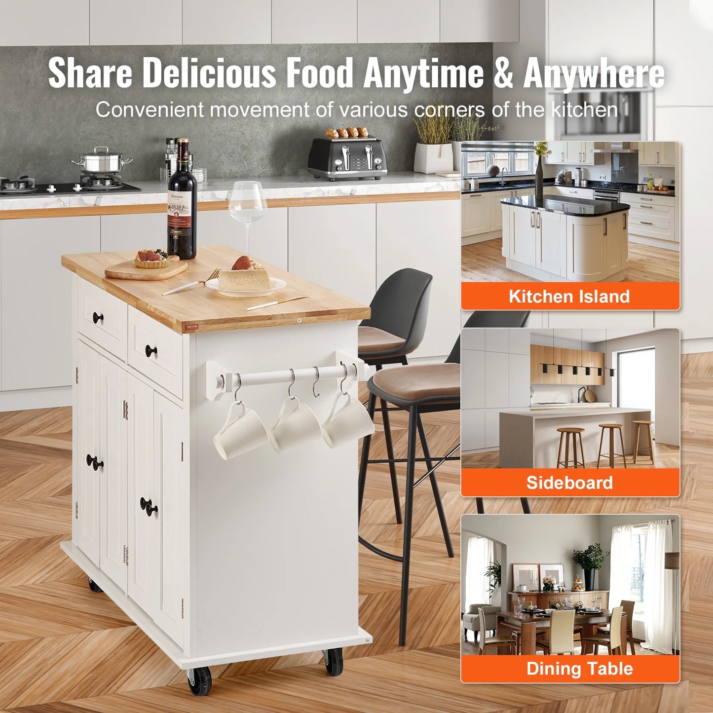 BENTISM 35.4" Kitchen Island on Wheels Cart Rubber Solid Wood Countertop Rolling Storage Cabinet with 2 Drawers & Spice Rack & Towel Holder, White