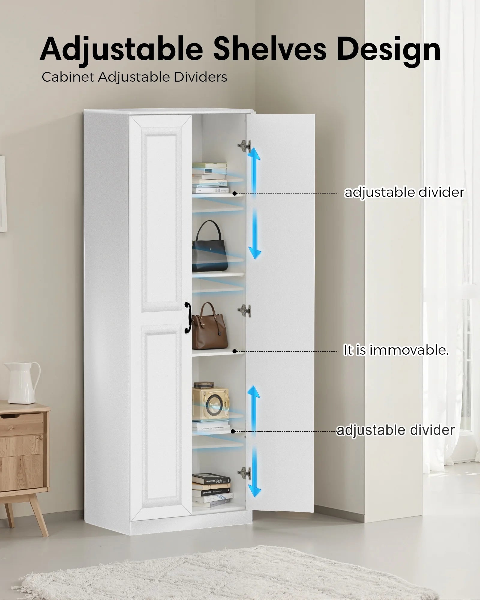 Storage Cabinet/Pantry cabinets, Soft White Finish, 71" Tall Wood Cupboard with 2 Door and 3 Adjustable Shelves for Kitchen, Dining Room, Living Room, Bathroom (Style 1)