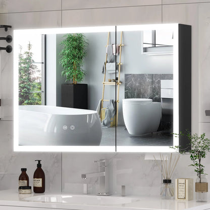 JBLCC LED Lighted Medicine Cabinet with Mirror, Wall Mounted Bathroom Cabinet with Touch Sensor, Anti-Fog, Black