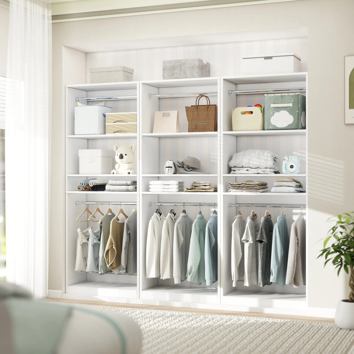 Homieasy 25°?Closet System, Freestanding Closet Organizer Wardrobe with Hanging Rods and Shelves, Adjustable Clothes Garment Rack, Sturdy Walk in Closet Tower, White