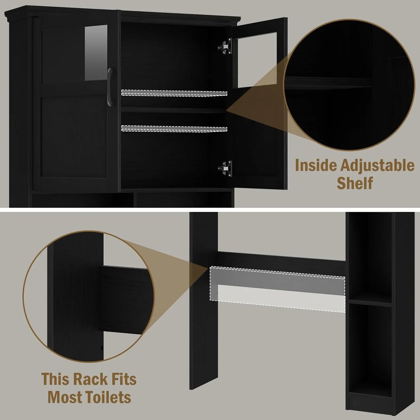Over The Toilet Storage Cabinet, Storage Cabinet Over Toilet with Double Doors & Toilet Paper Holder Stand, Freestanding Toilet Shelf Space Saver with Anti-Tip Design & Adjustable Shelf, Black