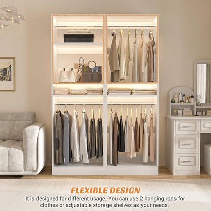 Homieasy 25°?Closet System, Freestanding Closet Organizer Wardrobe with Hanging Rods and Shelves, Adjustable Clothes Garment Rack, Sturdy Walk in Closet Tower, White