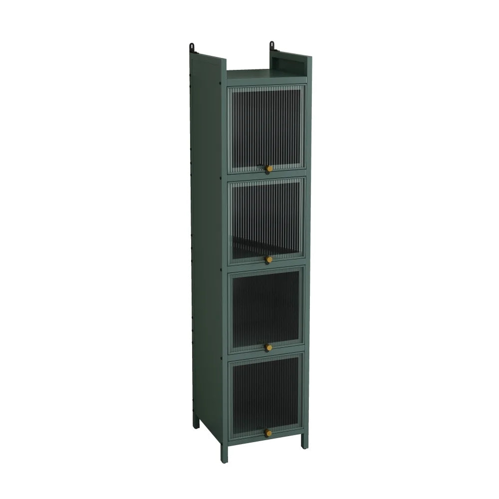 Hassch 4-Tier Display Case Storage Cabinet with Flip-Up Glass Doors, 60.62"H Iron Kitchen Pantry Cabinet Showcase Organizer Bookcase for Entryway Bedroom Bathroom Living Room, Dark Green