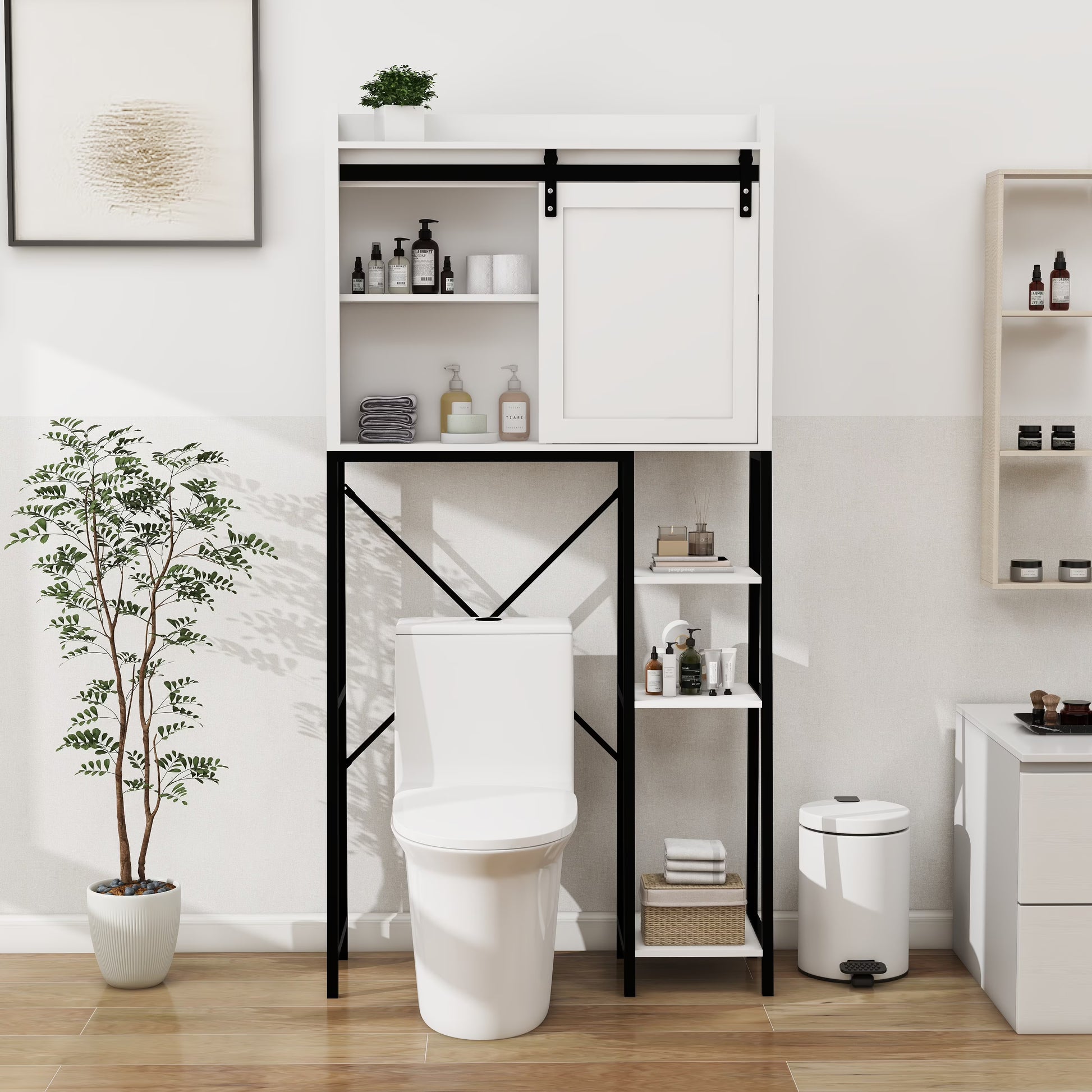 Royard Oaktree Farmhouse Over The Toilet Storage Cabinet, Bathroom Shelves Storage Organizer with Sliding Barn Door, Adjustable Shelves, and Storage Racks, White