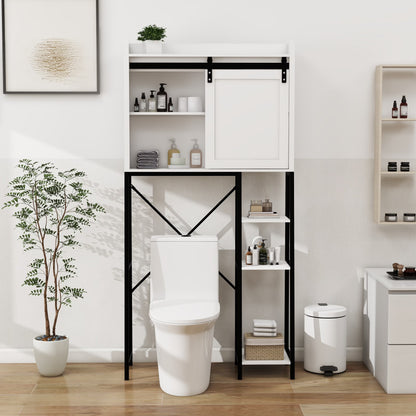 Royard Oaktree Farmhouse Over The Toilet Storage Cabinet, Bathroom Shelves Storage Organizer with Sliding Barn Door, Adjustable Shelves, and Storage Racks, White