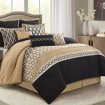 Lanco Geometirc Queen Blue Comforter Set, 12 Piece, Jacquard Bedding Comforters & Sets, Bedskirt, Pillows, Euro Shams & Curtains, Ultra-Soft