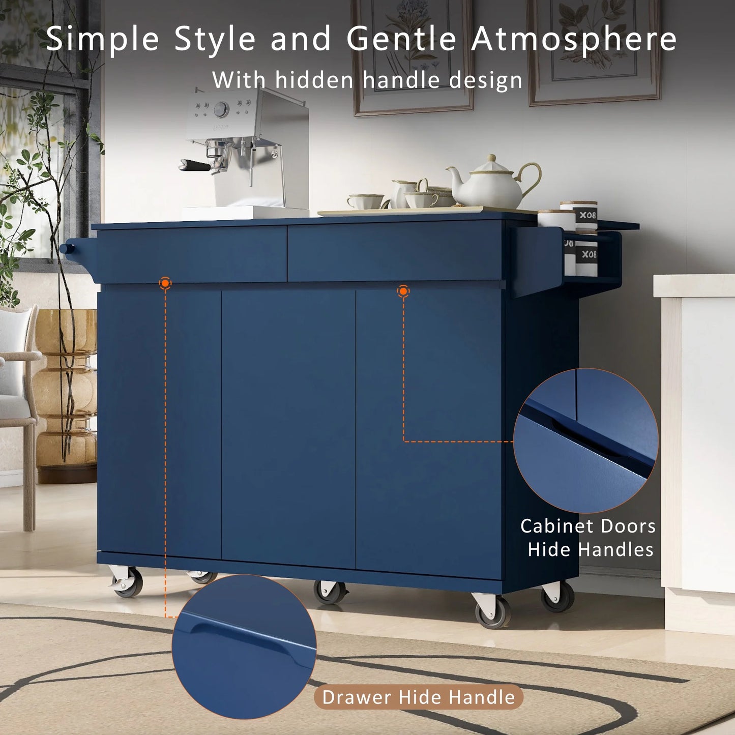 53.2'' Kitchen Island with Drop Leaf, Kitchen Storage Cart with Spice Rack, Towel Rack and 2 Drawers, Rolling Kitchen Island on Wheels with Adjustable Shelves, Navy Blue