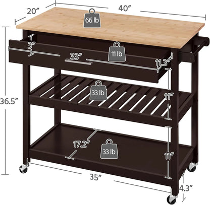 Hyxoo Kitchen Island Cart on Wheels with Bamboo Tabletop, 3-Tier Rolling Kitchen Island Microwave Cart with Drawer, Detachable Towel, 3 Hooks40"W x 20"D x 36.5"HEspresso