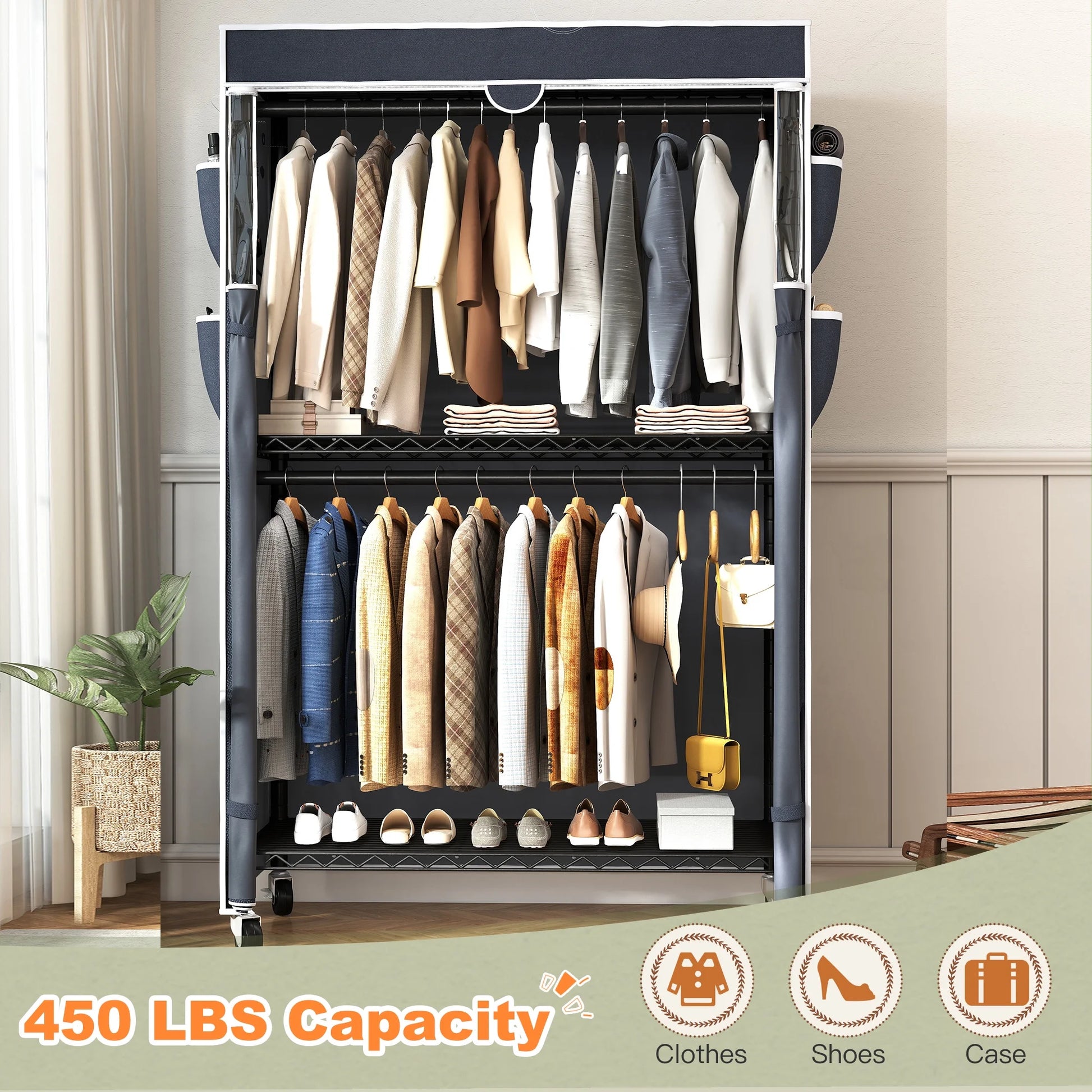 EnHomee Rolling Closet Rack with Dustproof Cover,450LBS Load Capacity Adjustable 81"H Portable Wardrobe with Side Pockets,Black