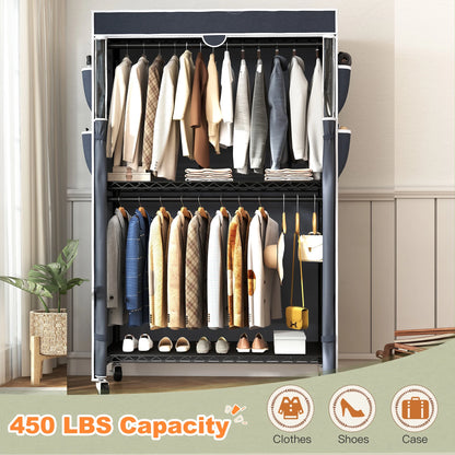 EnHomee Rolling Closet Rack with Dustproof Cover,450LBS Load Capacity Adjustable 81"H Portable Wardrobe with Side Pockets,Black