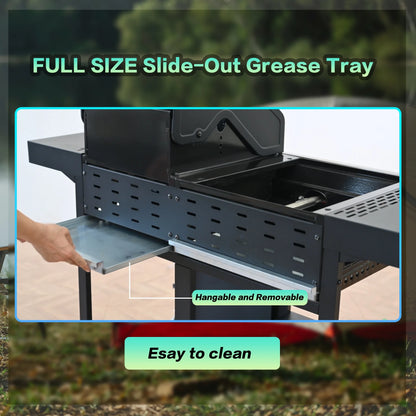 4-Burner BBQ Grill W/Side Burner, 50,000BTU Gas Propane Grill Portable with Storage Cabinet, Heavy-Duty Stainless Steel Outdoor Cooking, with Tank Hook, Towel Rack, Steel Brush