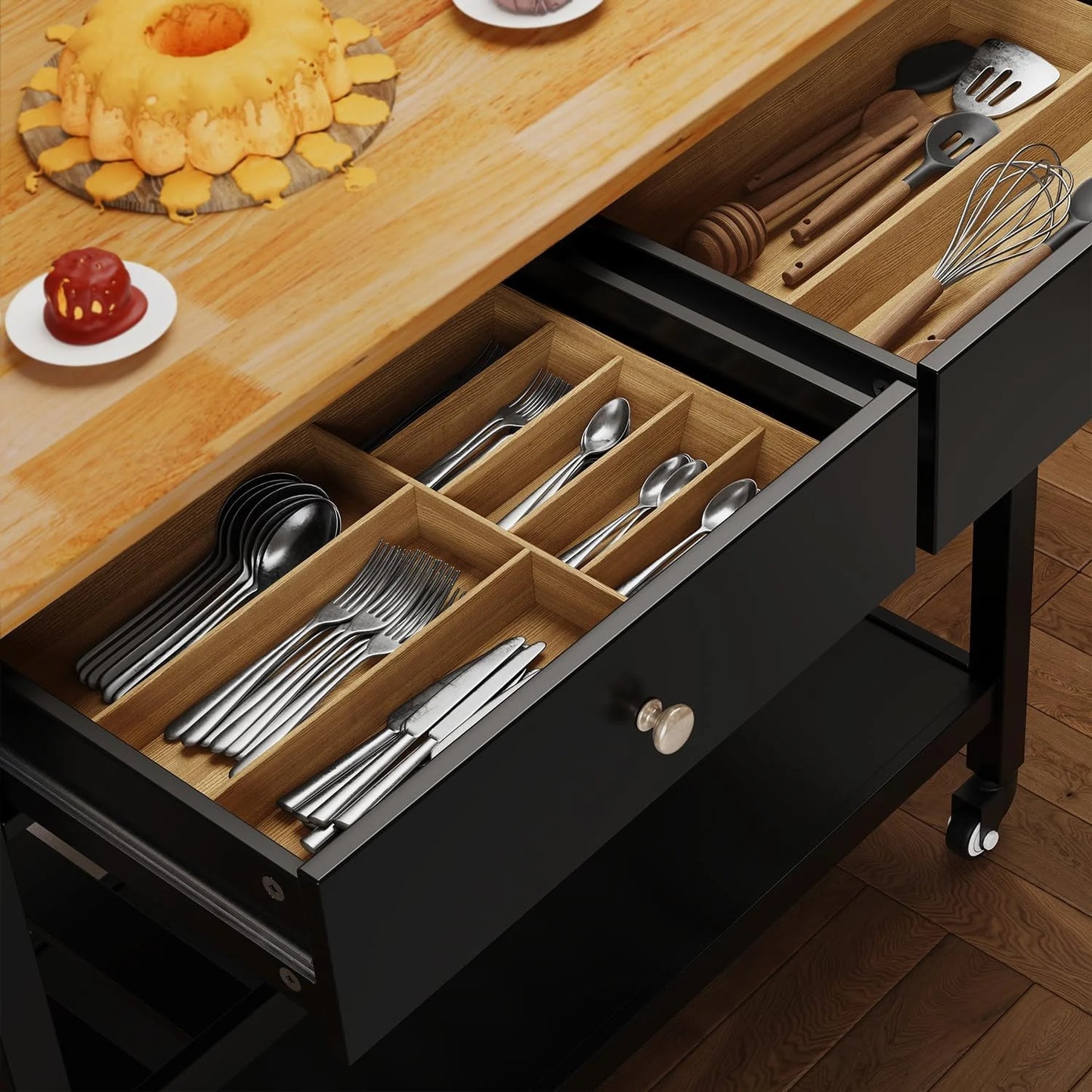 AIZYT Kitchen Island Cart with Storage, 40° Wooden Top, 2 Tiers Spacious Shelves and Towel Bar, 2 Drawer Mobile Trolley Cart On Metal Wheels with Hooks for Dining Room, Bar, Outdoor, Black
