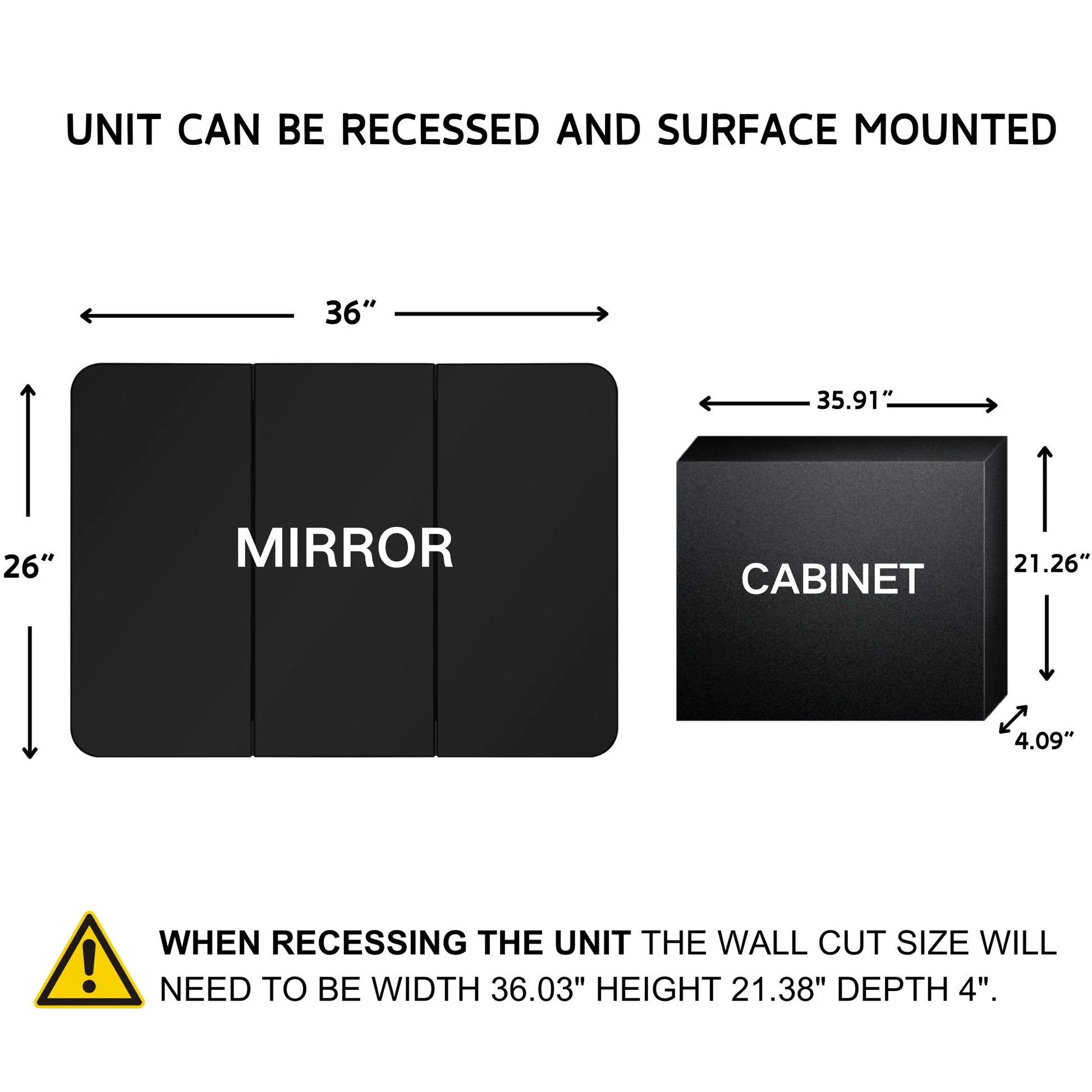TEHOME Matt Black Triple Door Recessed & Surface Mount Rectangle Bathroom Medicine Cabinet with Mirror 26 x 36'' 3 Door Metal Framed Rectangular Bathroom Cabinet 36 by 26 inches