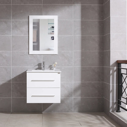 Wonline 24" Wall Mounted Bathroom Vanity with Sink, White Cabinet with Two Drawer and Mirror Chrome Faucet