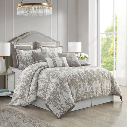 Lanco Smoke Grey Comforter Set California King Size, 9 Piece Jacquard Floral Bedding Set, All Season, Ultra-Soft, Matching Pillows & Shams, Bed Skirt