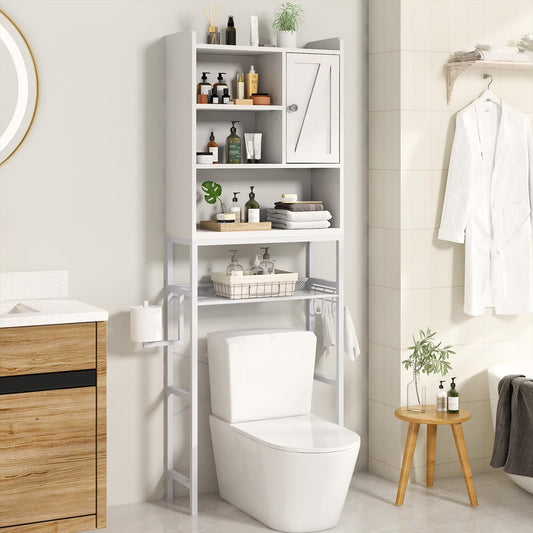 furlinkhm Over The Toilet Storage Cabinet,Bathroom Rack Organizers with Adjustable Shelf,5-Tier Bathroom Space Saver Over Toilet with Door for Bathroom, Restroom, Laundry,22.6"9.4"72.8"