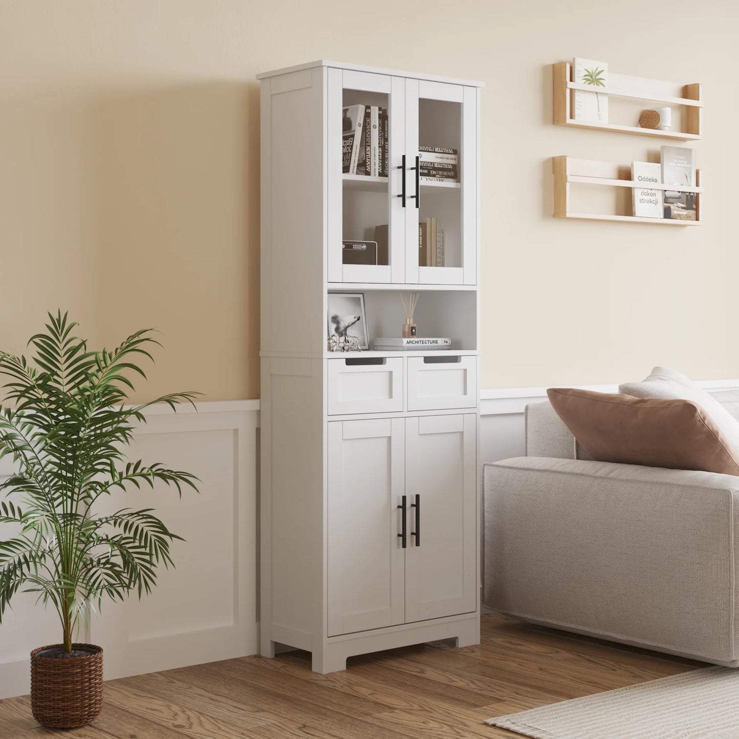 UBesGoo Tall Bathroom Cabinet Storage with 4 Doors & 2 Drawers, Wooden Kitchen Hutch, Large Display Cabinet, White