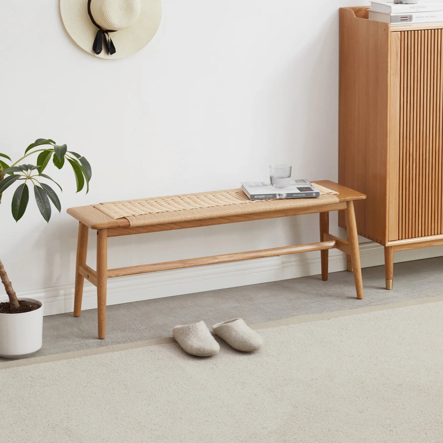 Woven Rattan Bench,Natural Oak Wood Dining Bench,Bed Bench Entryway Bench for Entryway,Dining Room,Bedroom,Bathroom