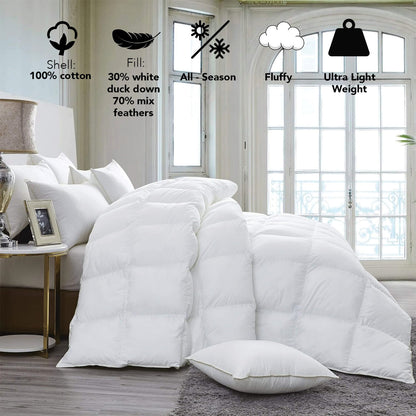 Organic Club Queen Cotton Duvet with Feather and Duck Down Filling 100% Cotton Cover Comforter All-Season Bedding Queen Size 87x87" (220x220 cm), Machine Washable, White