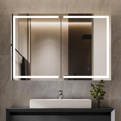 Lighted Medicine Cabinet with Mirror& LED Light for Bathroom,Wall Mounted Bathroom Mirror Cabinet with Storage and 2 Outlet and 3 Doors for Home, White, 39.4" x 23.6"
