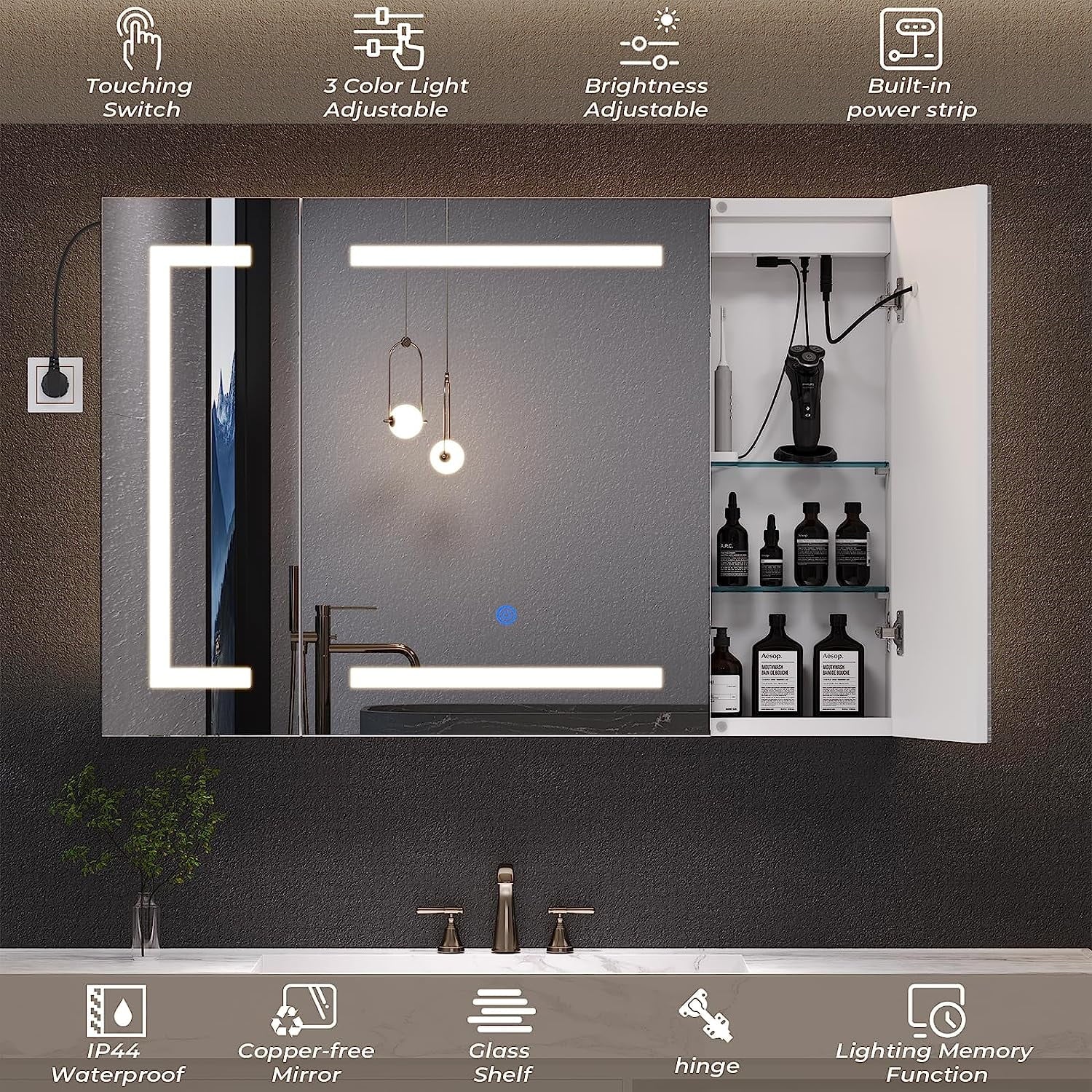 Lighted Medicine Cabinet with Mirror& LED Light for Bathroom,Wall Mounted Bathroom Mirror Cabinet with Storage and 2 Outlet and 3 Doors for Home, White, 39.4" x 23.6"