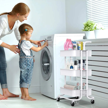 3-Tier Metal Rolling Cart Utility & Storage Cart with Lockable Wheels Kitchen Bathroom Office(White)