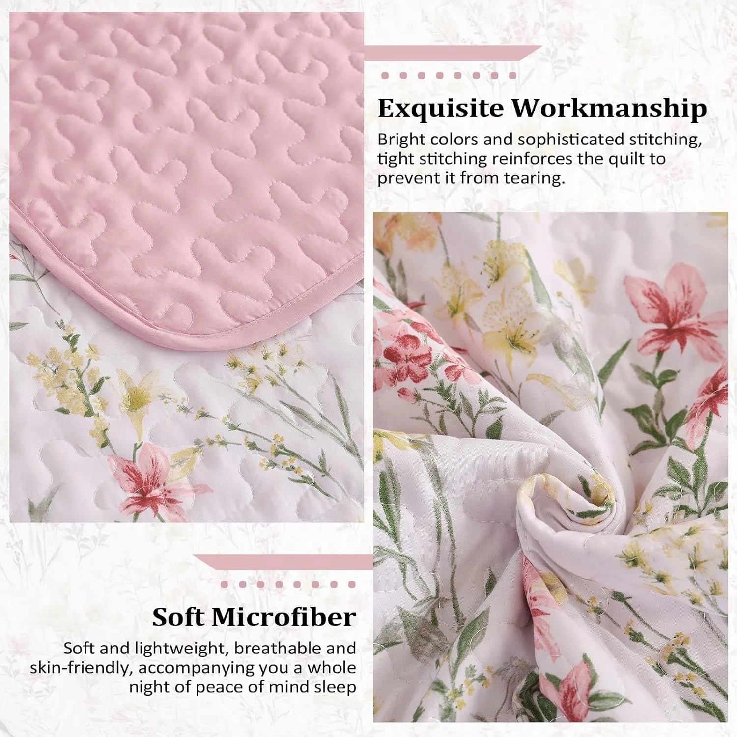 King Size Quilt Set, Pink Floral Pattern Quilt Bedding Set King, 3 Pieces Botanical Quilt Soft Microfiber Bed Coverlet for All Season(104" x 90")